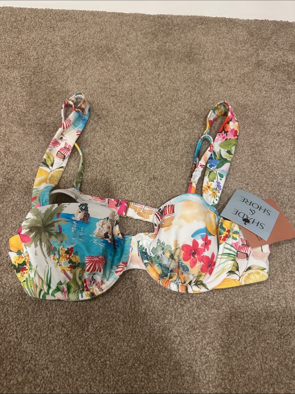 Shade & Shore Floral Tropical Bikini Top in White, Blue, Pink, Yellow, Green